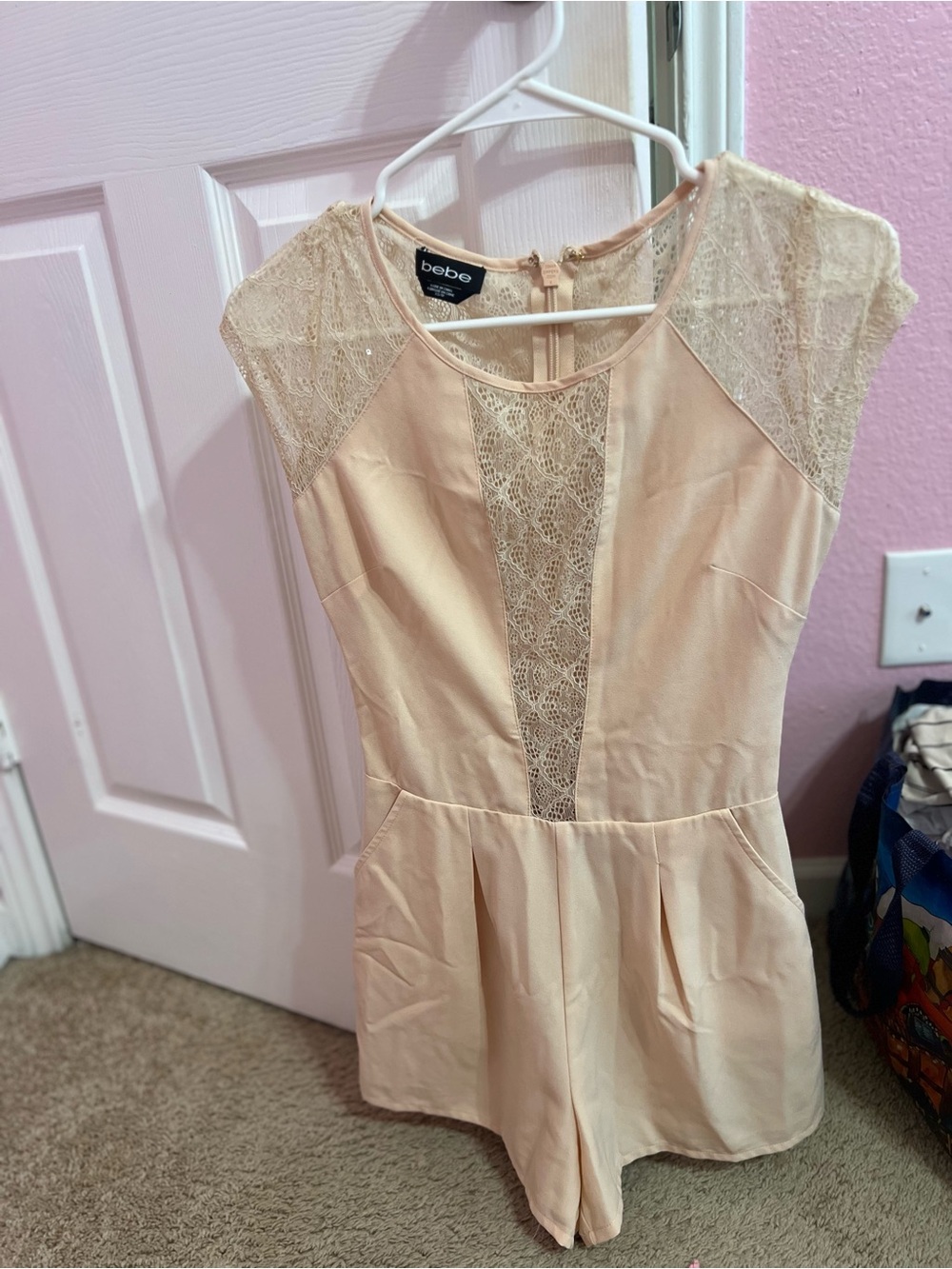 bebe Cream Lace-Panel Romper with Sheer Cap Sleeves in XS